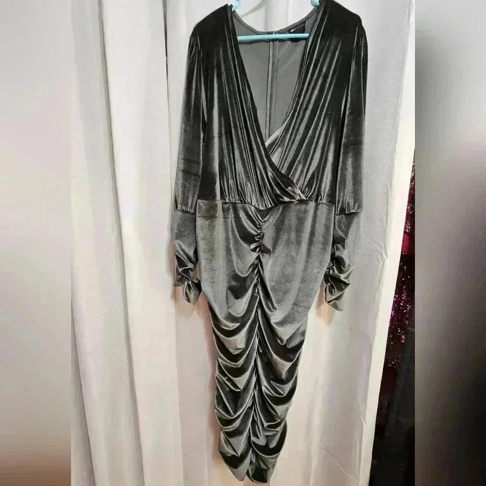 Plus Size Velvet Dress with Faux Wrap & Ruching